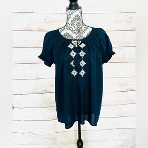 Tommy Hilfiger Women’s Navy Blue Embroidered Boho Peasant Short Sleeve Blouse